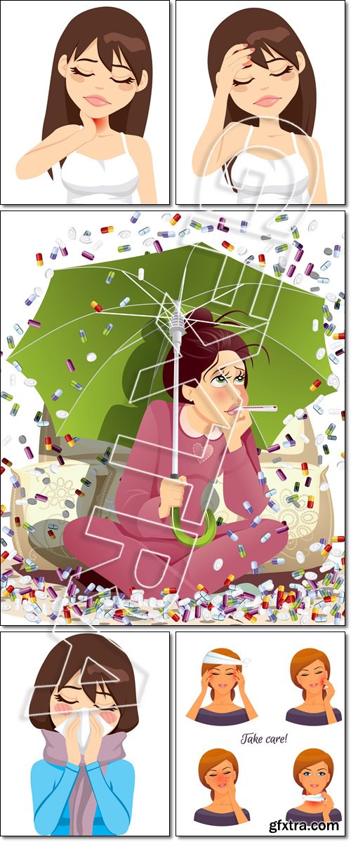 Pain. Sick Girl Bombarded with Medication - Vector