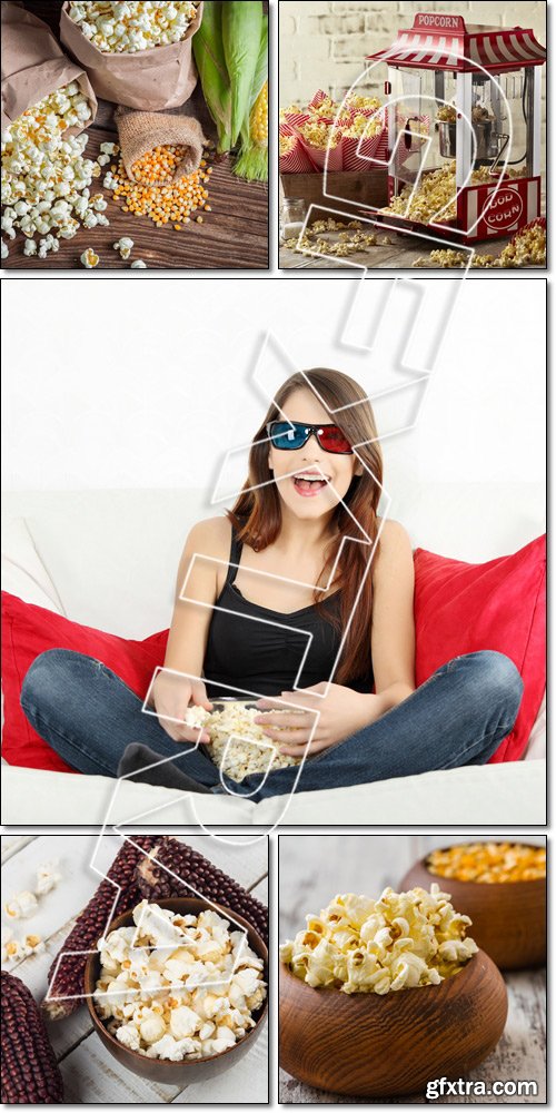 Popcorn and Ripe Corn in Wooden Bowls. Beautiful young woman watching TV in 3d glasses - Stock photo