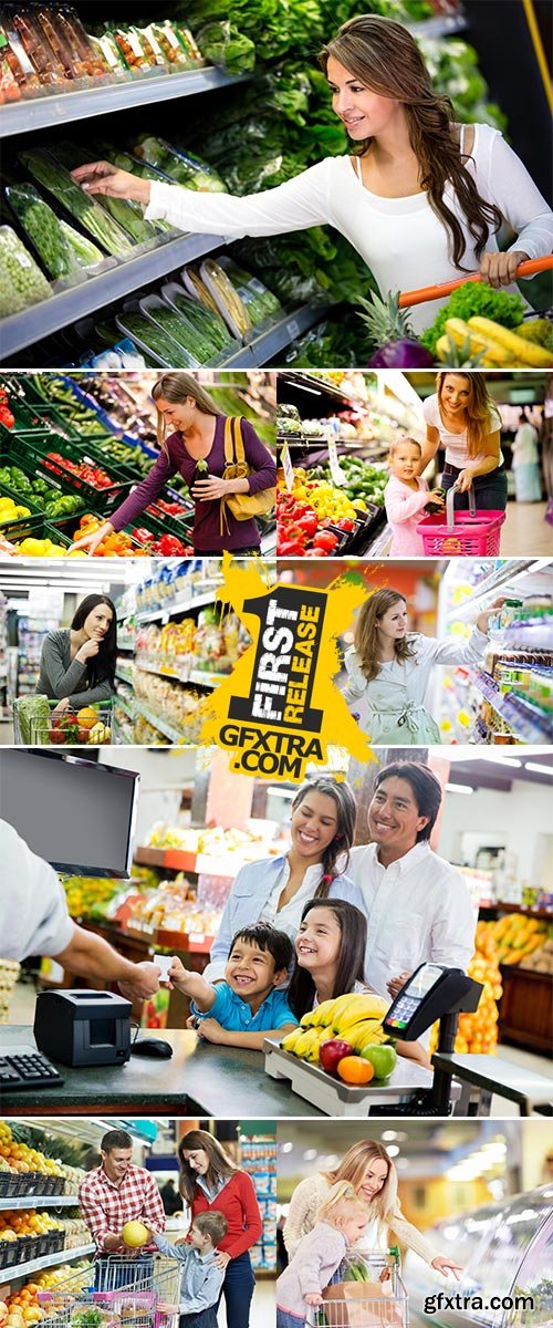 Stock Photo Happy people grocery shopping at the supermarket