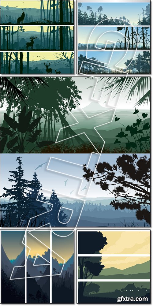 Horizontal, vertical banners of wild animals in hills wood, rural landscape, forest - Vector