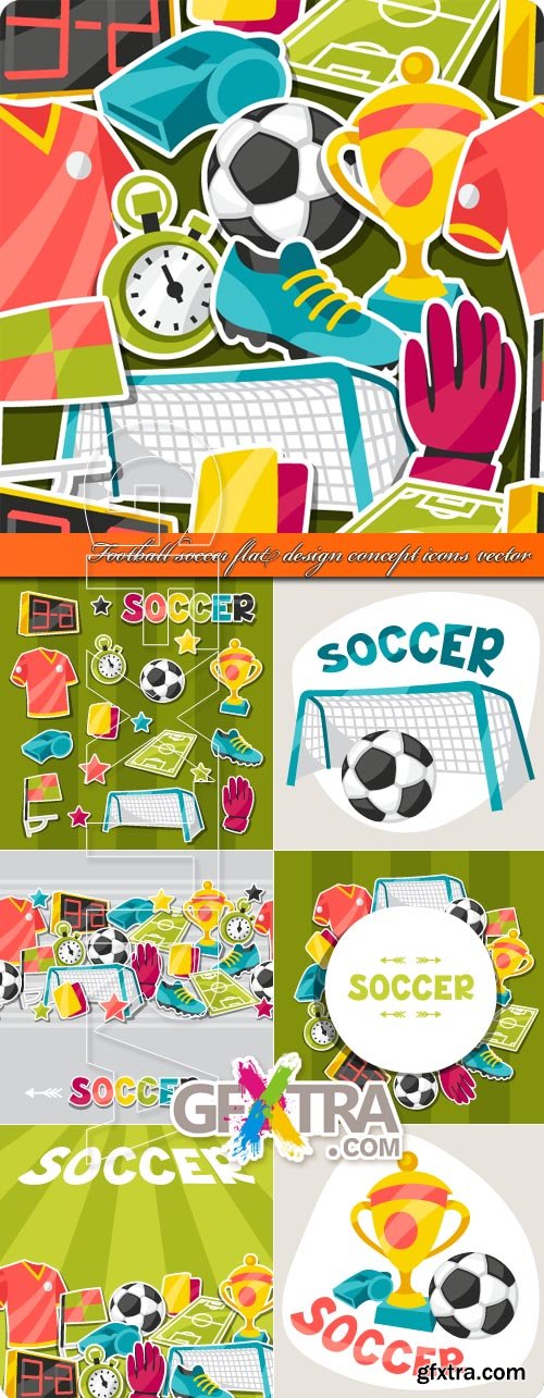 Football soccer flat design concept icons vector