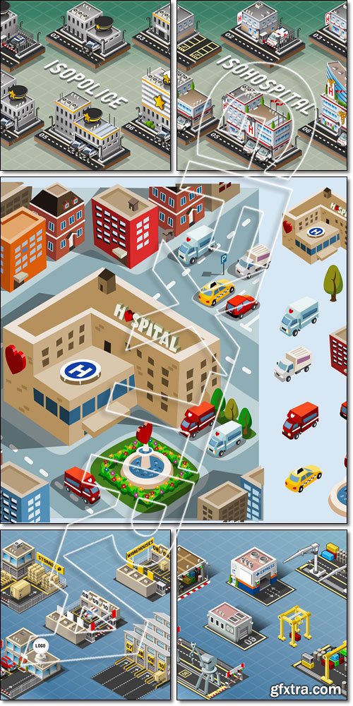 Isometric Storage Buildings, Hospital Area, Police Stations - Vector