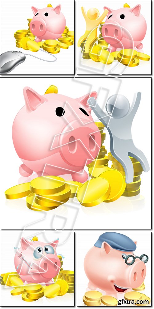 Happy piggy bank man, savings concept - Vector