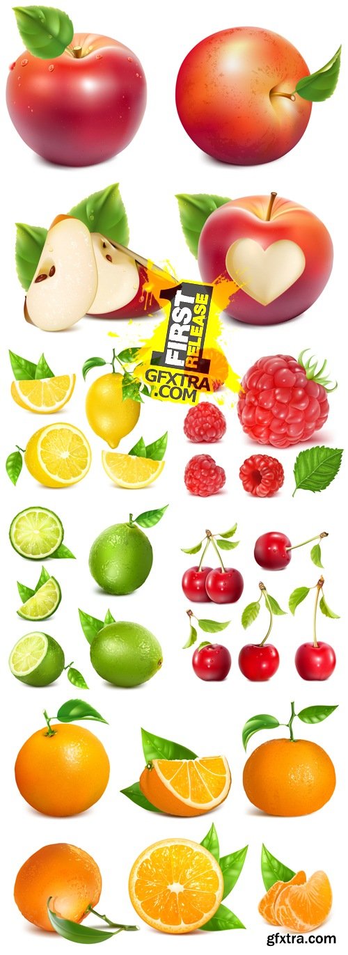 Realistic Apple, Lemon, Lime, Cherry, Orange, Raspberry Vector