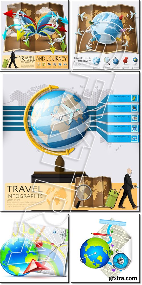 Travel And Journey World Map With Point Mark Airplane Route Diag, Globe and Compass on Map - Vector