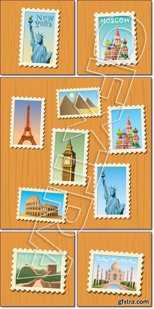 Famous destinations stamps: Kremlin stamp, Taj Mahal, The Great Wall of China, Statue of Liberty - Vector