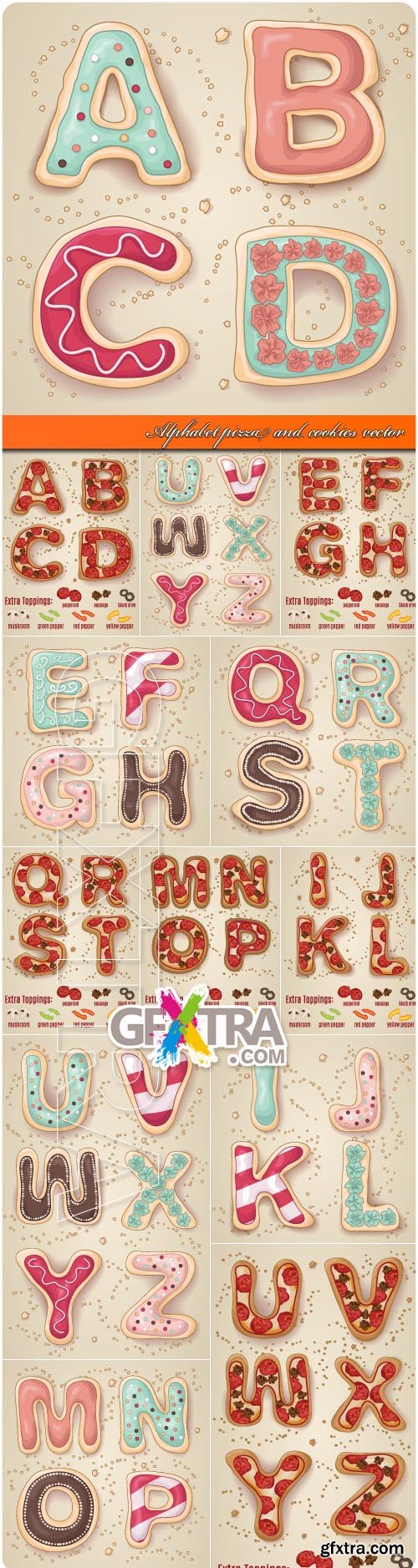 Alphabet pizza and cookies vector