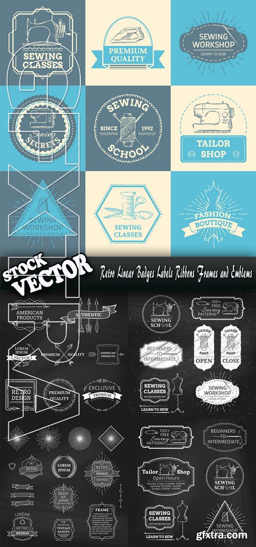 Stock Vector - Retro Linear Badges Labels Ribbons Frames and Emblems