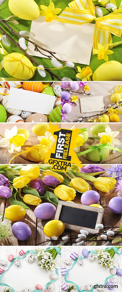 Stock Photo: Colorful easter eggs with narcissus on jute bag