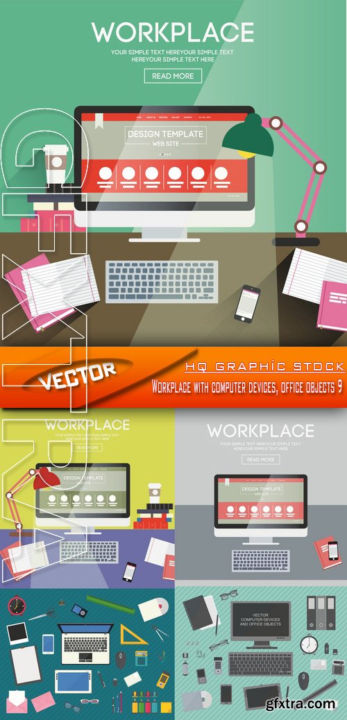 Stock Vector - Workplace with computer devices, office objects 9