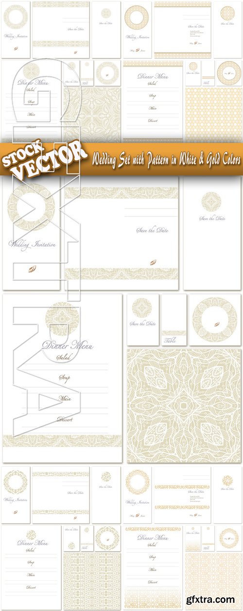 Stock Vector - Wedding Set with Pattern in White & Gold Colors