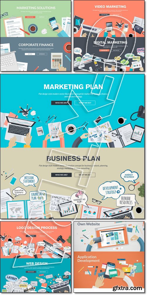 Set of flat design concepts for business plan and marketing plan, websites and apps development - Vector