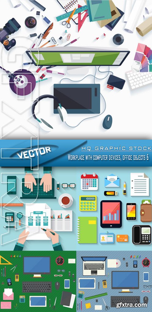 Stock Vector - Workplace with computer devices, office objects 6