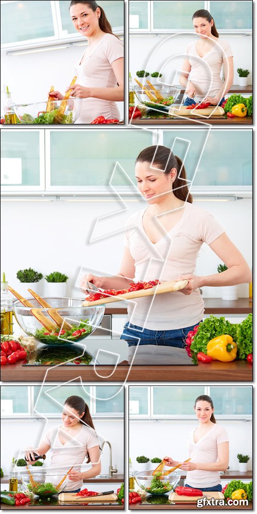 Young woman in the kitchen prepare salad - Stock photo