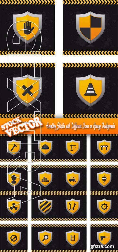 Stock Vector - Heraldry Shields with Different Icons on Grunge Backgrounds