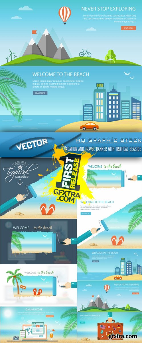 Stock Vector - Vacation and travel banner with tropical seaside
