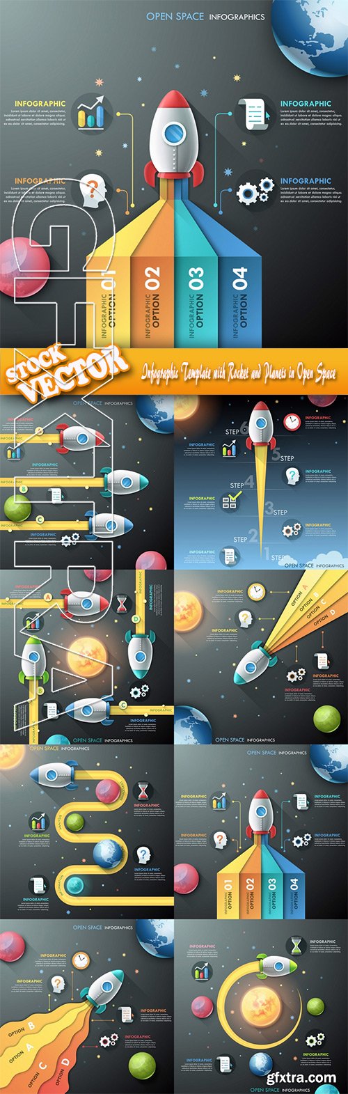 Stock Vector - Infographic Template with Rocket and Planets in Open Space