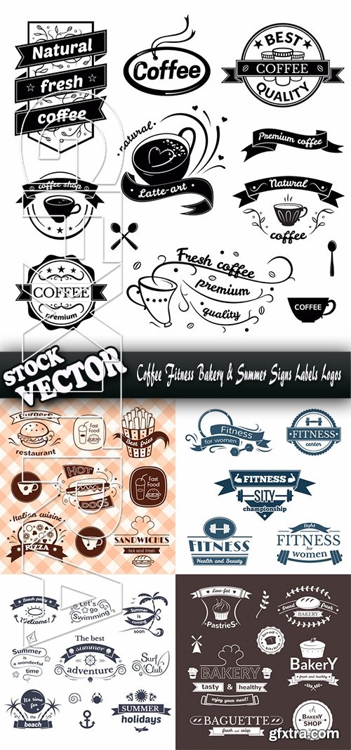 Stock Vector - Coffee Fitness Bakery & Summer Signs Labels Logos