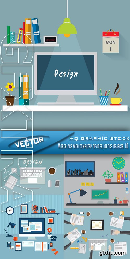 Stock Vector - Workplace with computer devices, office objects 10