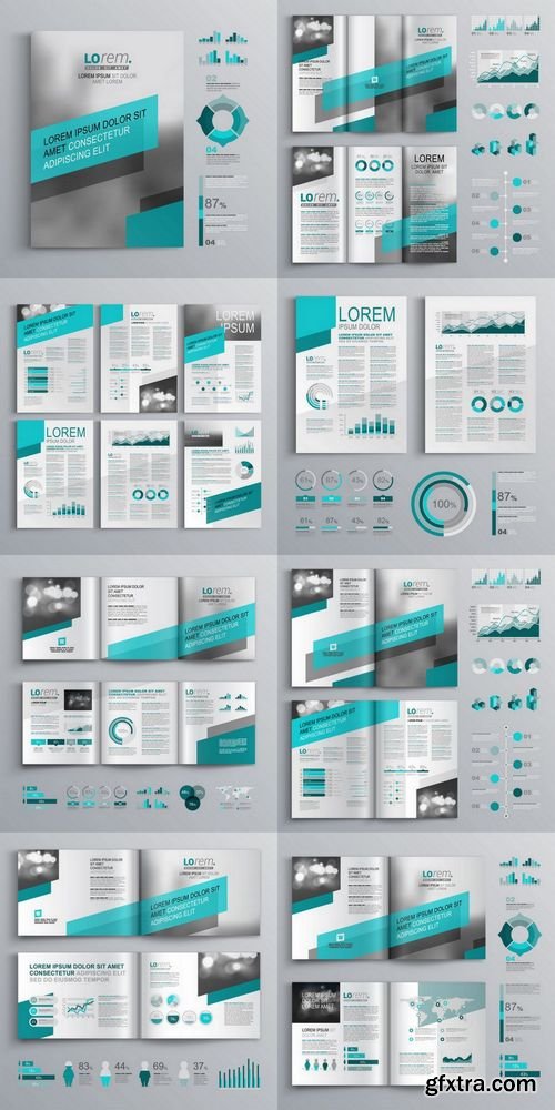 Vector - Gray Brochure Template Design with Green Diagonal Shapes - Cover Layout and Infographics