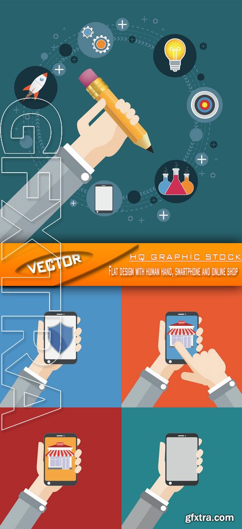 Stock Vector - Flat design with human hand, smartphone and online shop