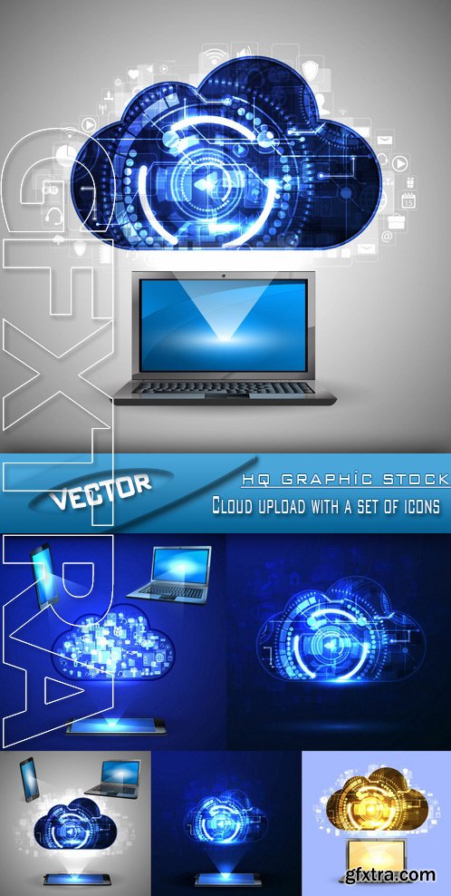 Stock Vector - Cloud upload with a set of icons