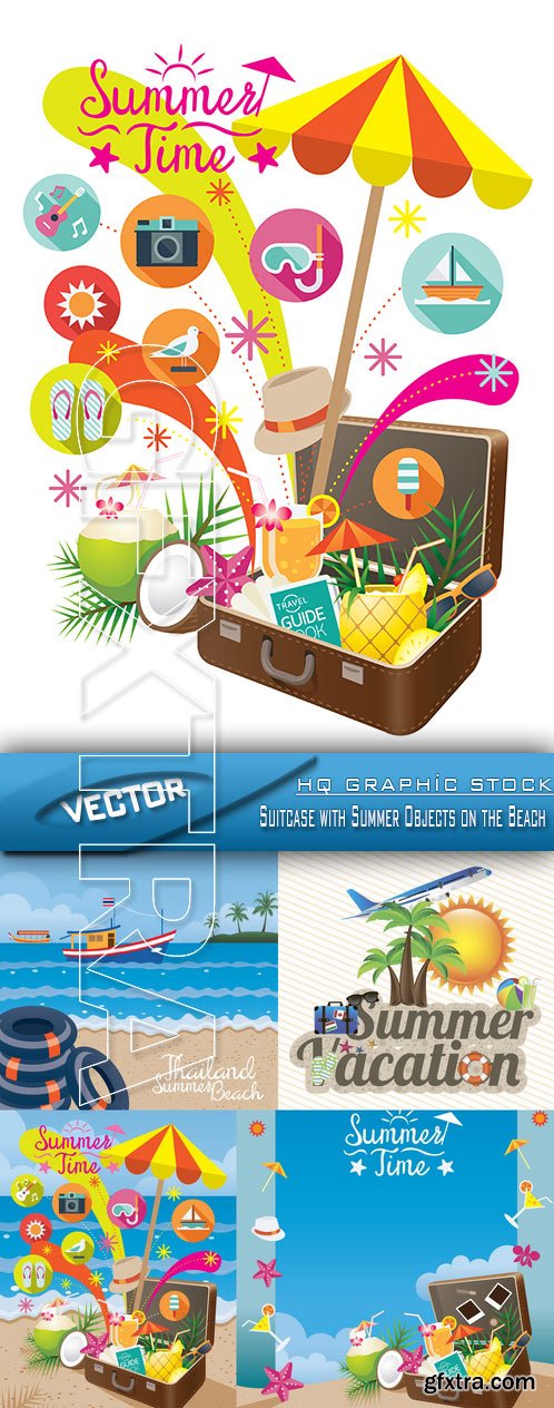 Stock Vector - Suitcase with Summer Objects on the Beach