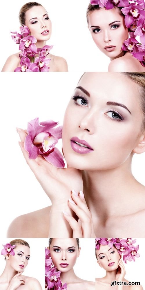 Closeup Face of Young Beautiful Woman with Flower