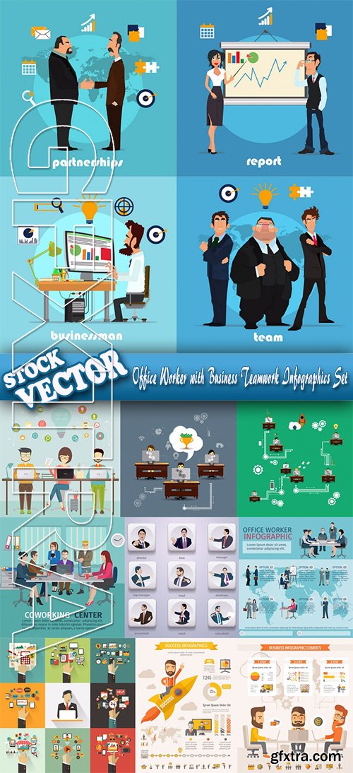 Stock Vector - Office Worker with Business Teamwork Infographics set