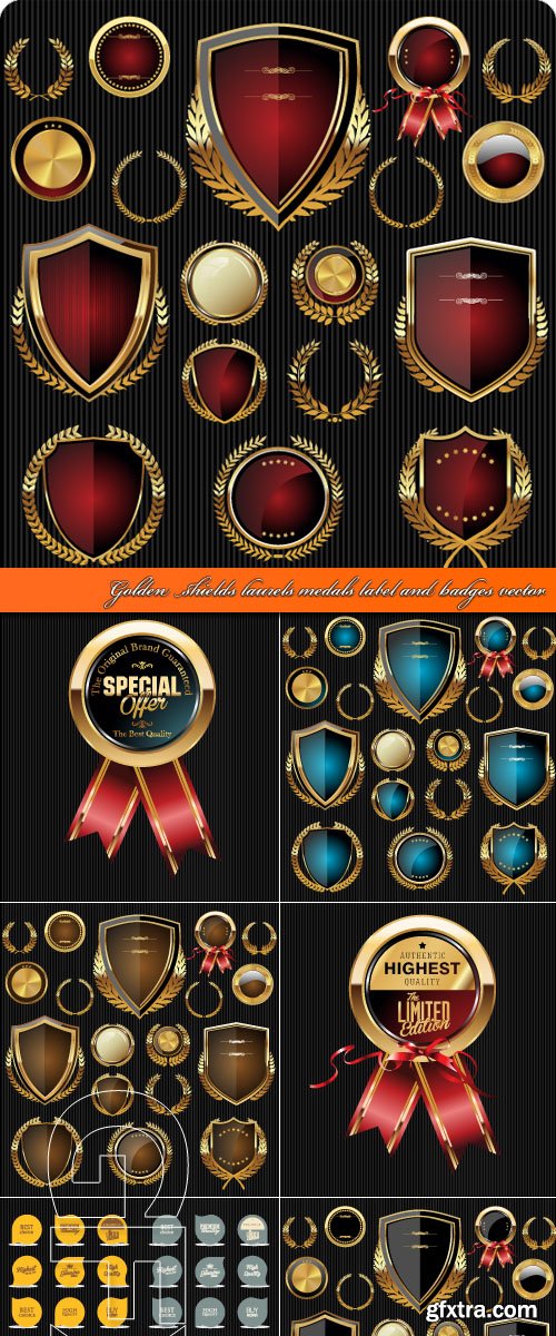 Golden shields laurels medals label and badges vector