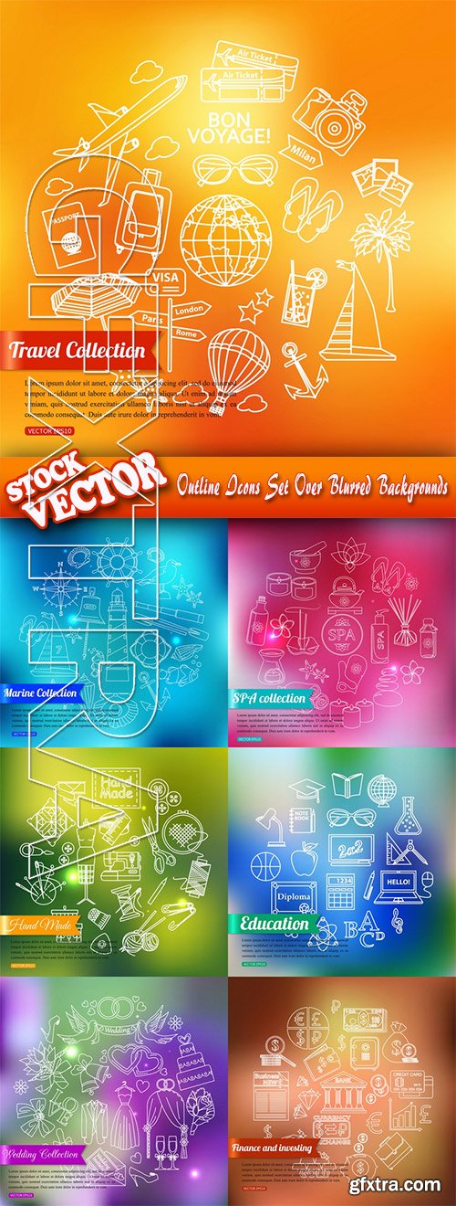 Stock Vector - Outline Icons Set Over Blurred Backgrounds