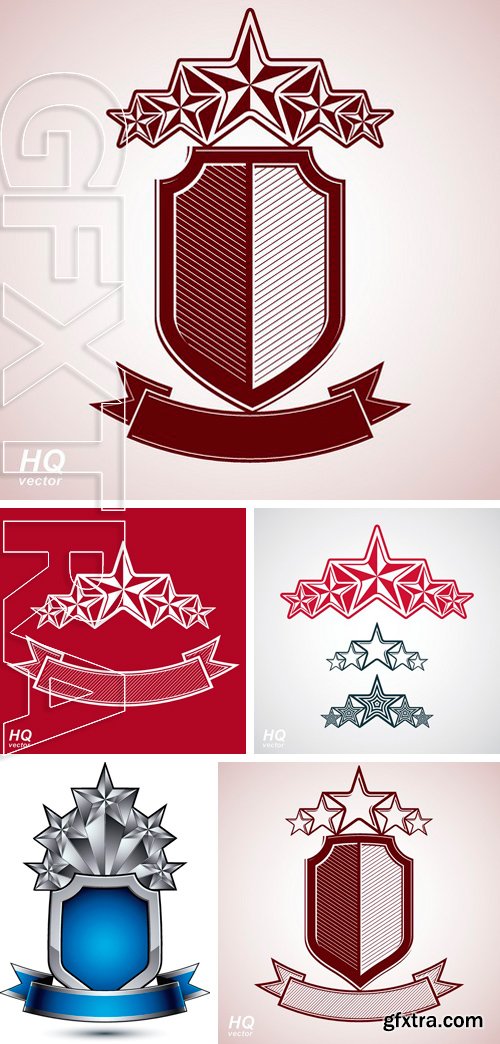Stock Vectors - Festive graphic shield with five stars and curvy ribbon - decorative luxury security template