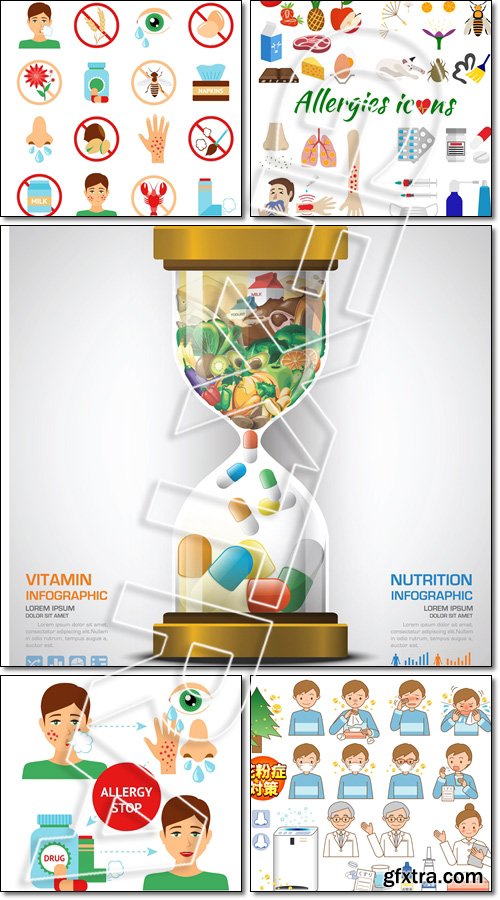 Allergy icons set. Vitamin And Nutrition Food - Vector