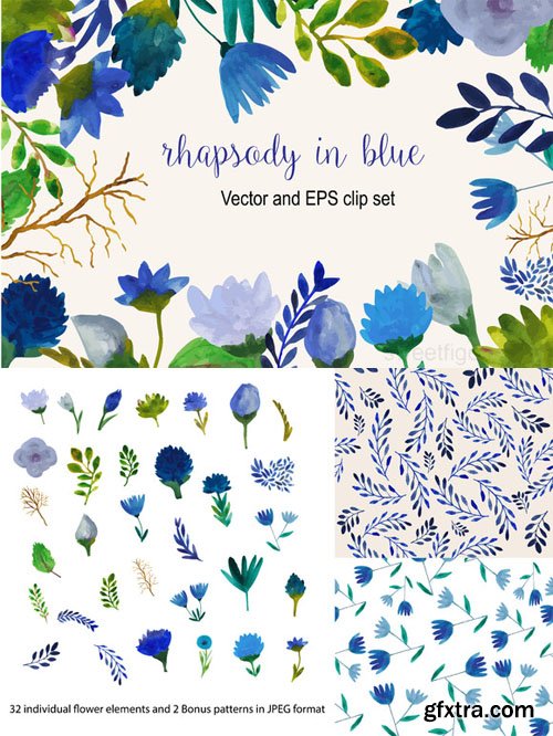 CM - Watercolor blue flower vector set 222844