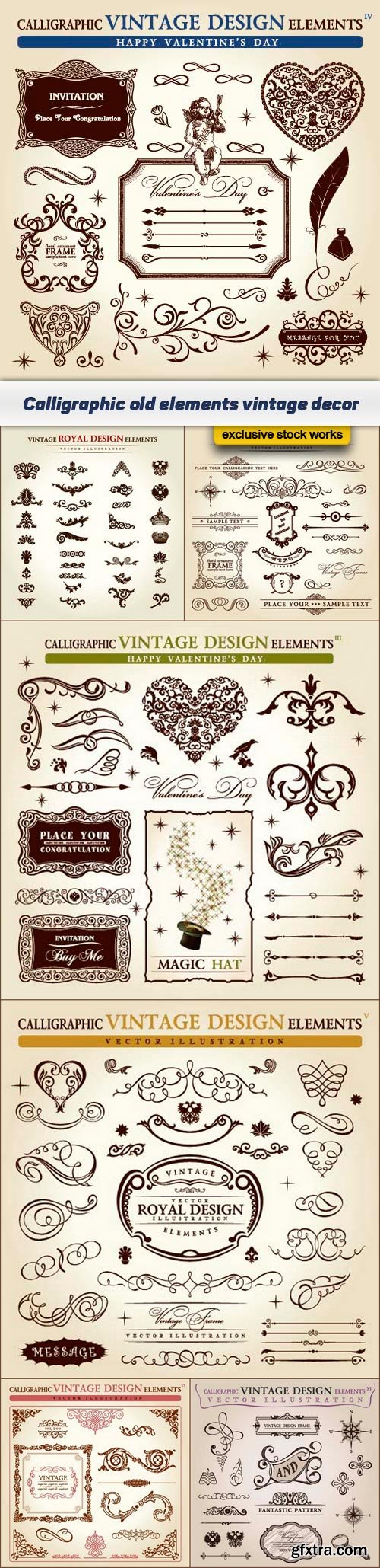 Calligraphic old elements vintage decor 7x EPS