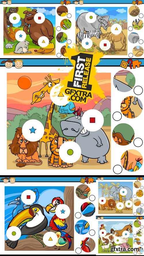 Cartoon Vector Illustration of Match the Pieces Educational Game for Preschool Children