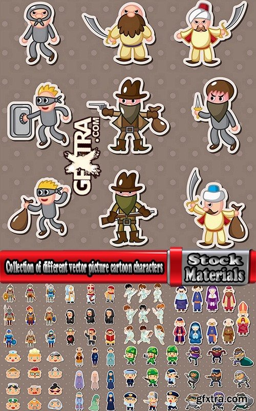 Collection of different vector picture cartoon characters athlete fairy knight criminal monk 25 Eps