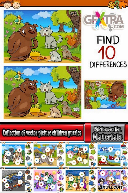Collection of vector picture children jigsaw puzzles Spot the difference 25 Eps