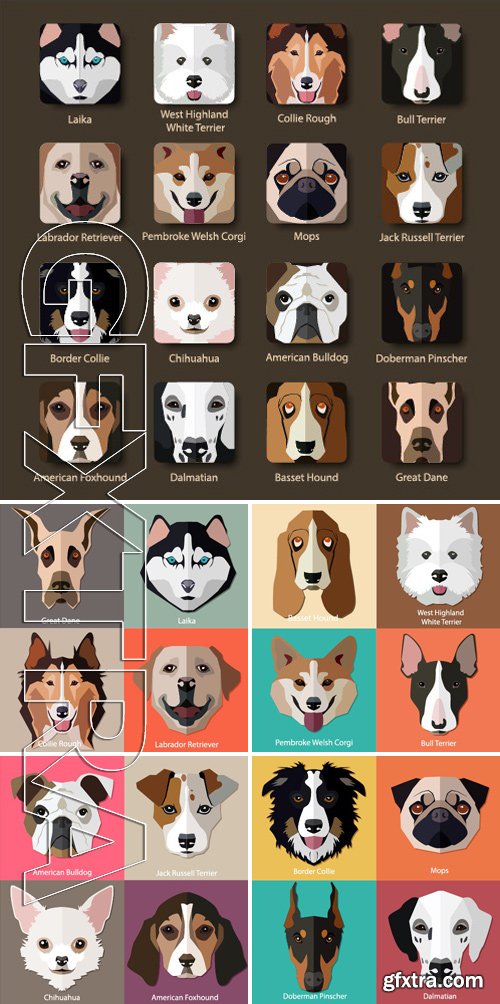 Stock Vectors - Set of flat dogs faces icons, Pembroke Welsh Corgi, Basset Hound, West Highland White Terrier, Bull Terrier