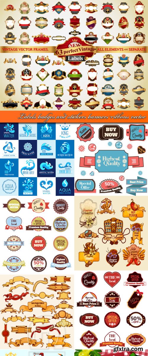 Labels badges and stickers banners ribbons vector
