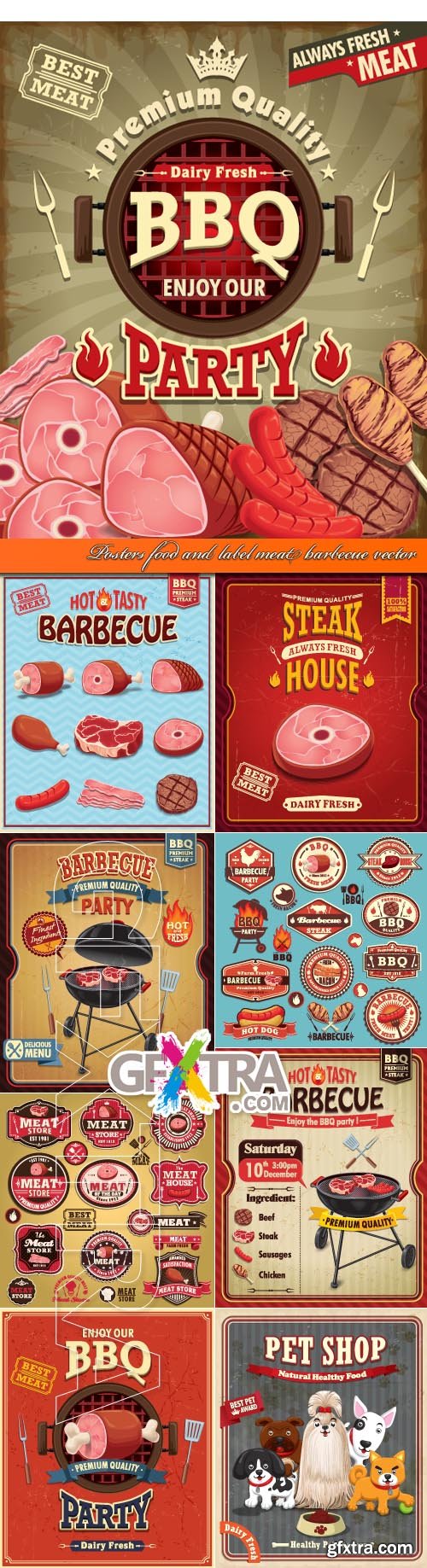 Posters food and label meat barbecue vector