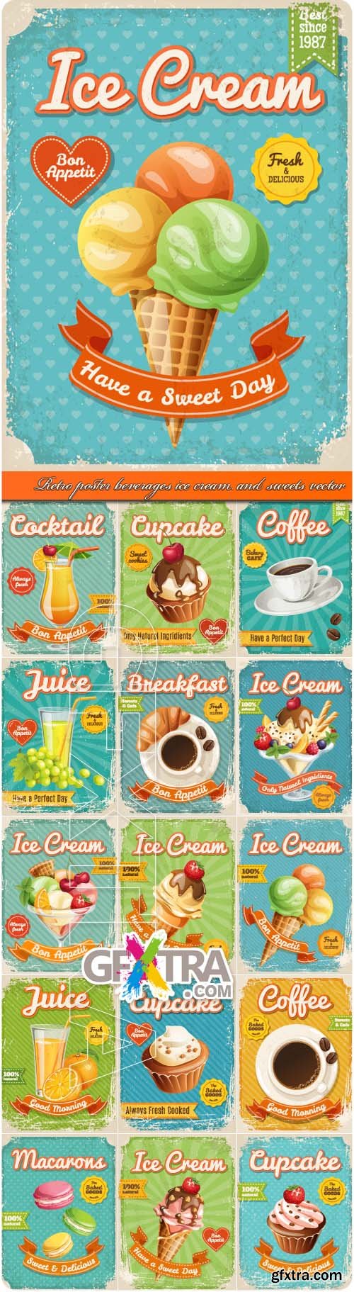 Retro poster beverages ice cream and sweets vector