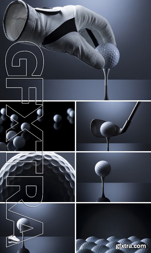 Stock Photos - Close up of hollow golf glove putting ball on tee, isolated on dark blue background