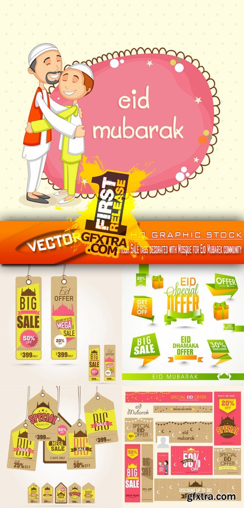 Stock Vector - Stylish Sale tags decorated with Mosque for Eid Mubarek community