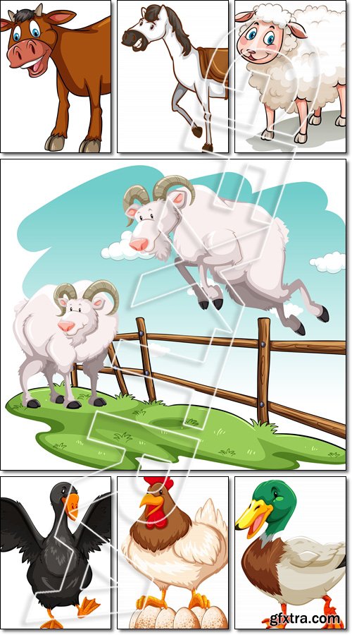Domestic animals and birds: goose, sheep, goat, duck, cow, chicken, horse - Vector