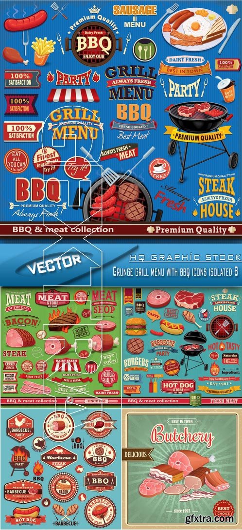 Stock Vector - Grunge grill menu with bbq icons isolated 8