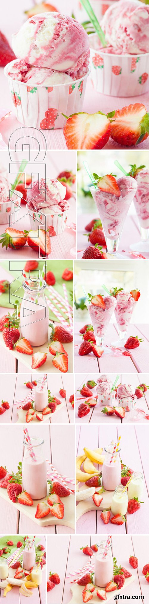 Stock Photos - Ice Cream With Fresh Strawberries On Pink Wooden Boards