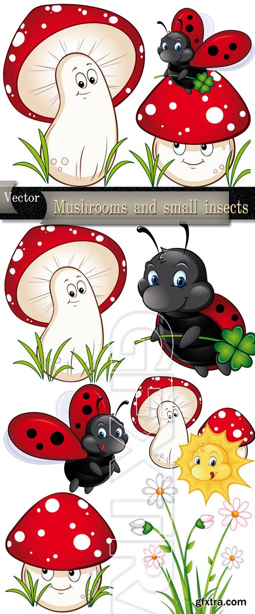 Mushrooms and small insects in Vector