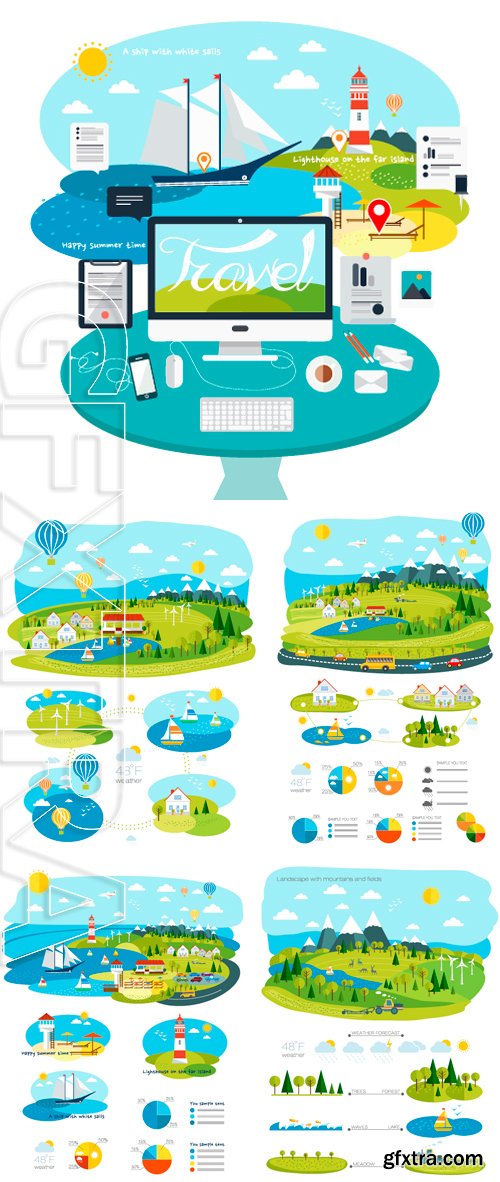 Stock Vectors - Infrastructure flat, landscape infographic picture with graphics travel and style life elements for your design