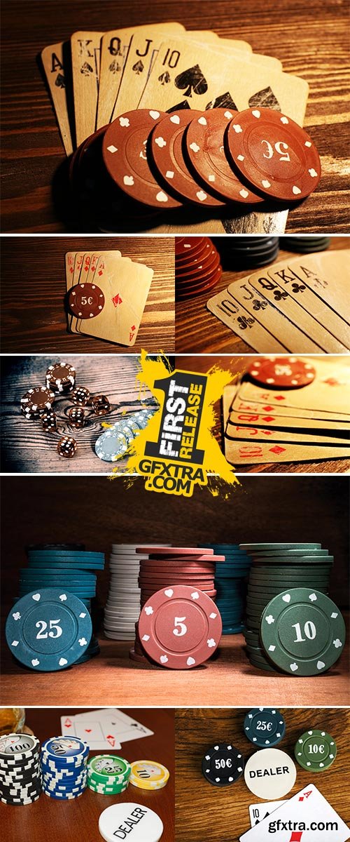 Stock Photos Playing cards with chips on wooden table